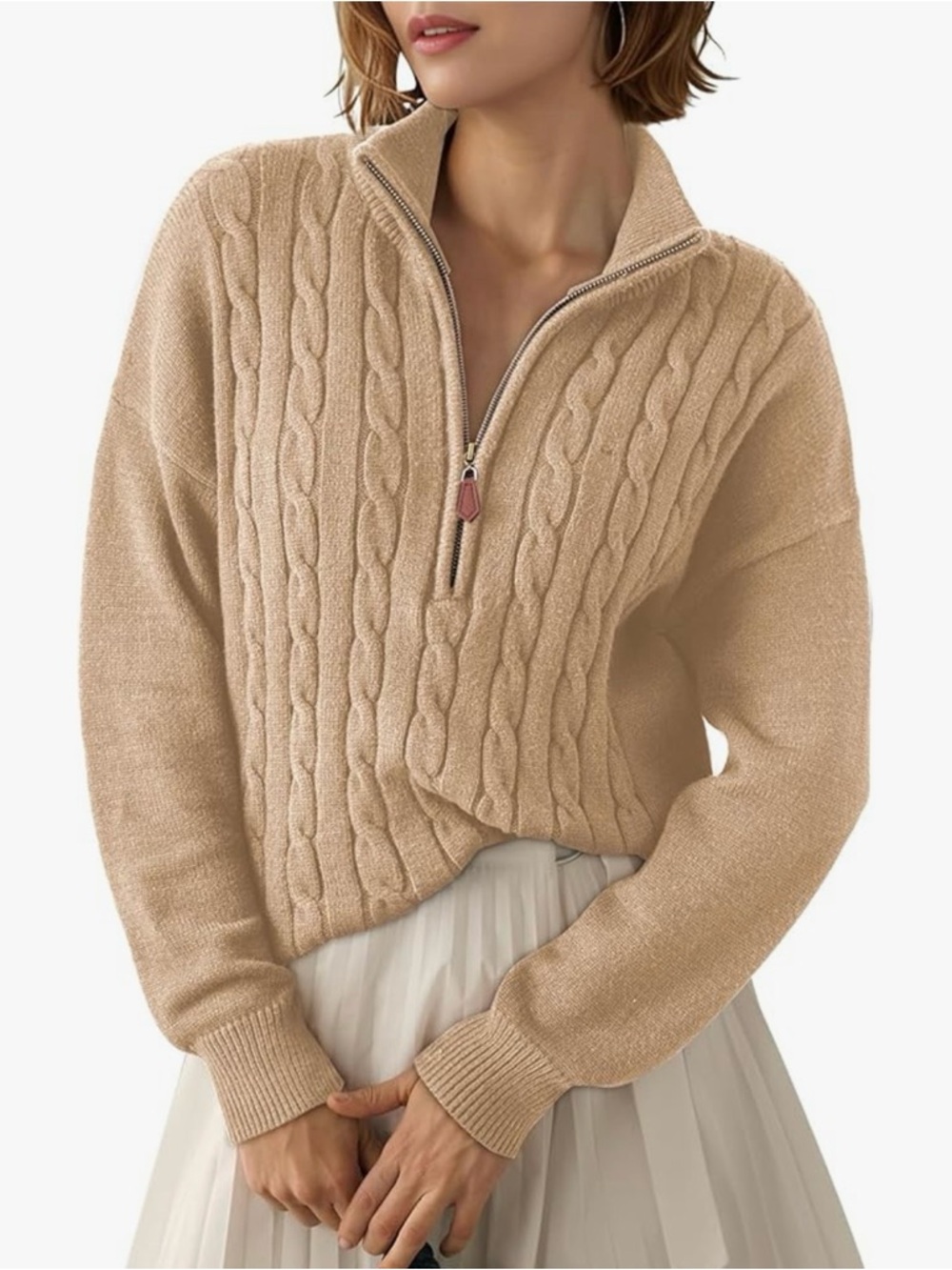 Cozy Beige Cable-Knit Half-Zip Turtleneck Sweater